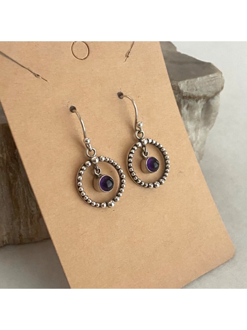 Sterling Silver 925 ID Round Amethyst Cabochon Dangle Drop Earrings